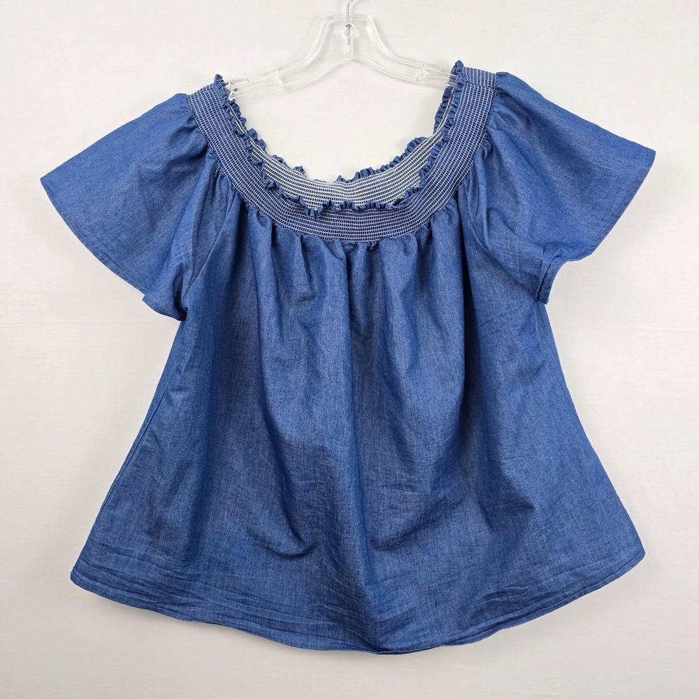 Lapogee Off the Shoulder Ruffle Detail Short Sleeve Women Top Blue 2X